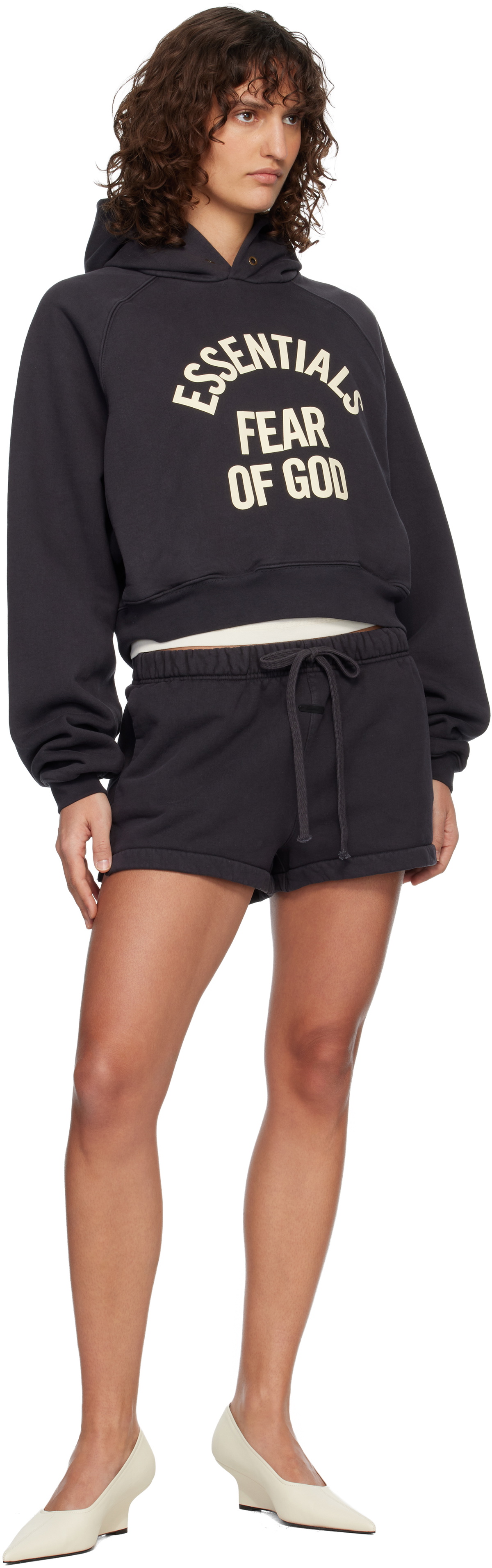 Fear of God ESSENTIALS Black Campus 90's Cropped Raglan Hoodie