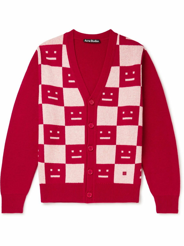 Photo: Acne Studios - Katlaro Checked Logo-Intarsia Wool Cardigan - Red