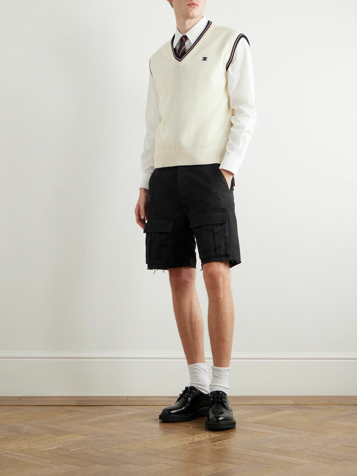 CELINE - Straight-Leg Distressed Cotton-Twill Cargo Shorts - Black