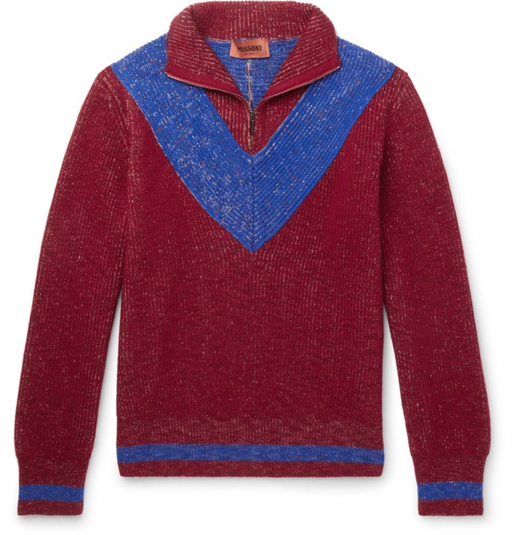 Photo: Missoni - Colour-Block Ribbed Wool Half-Zip Sweater - Men - Claret