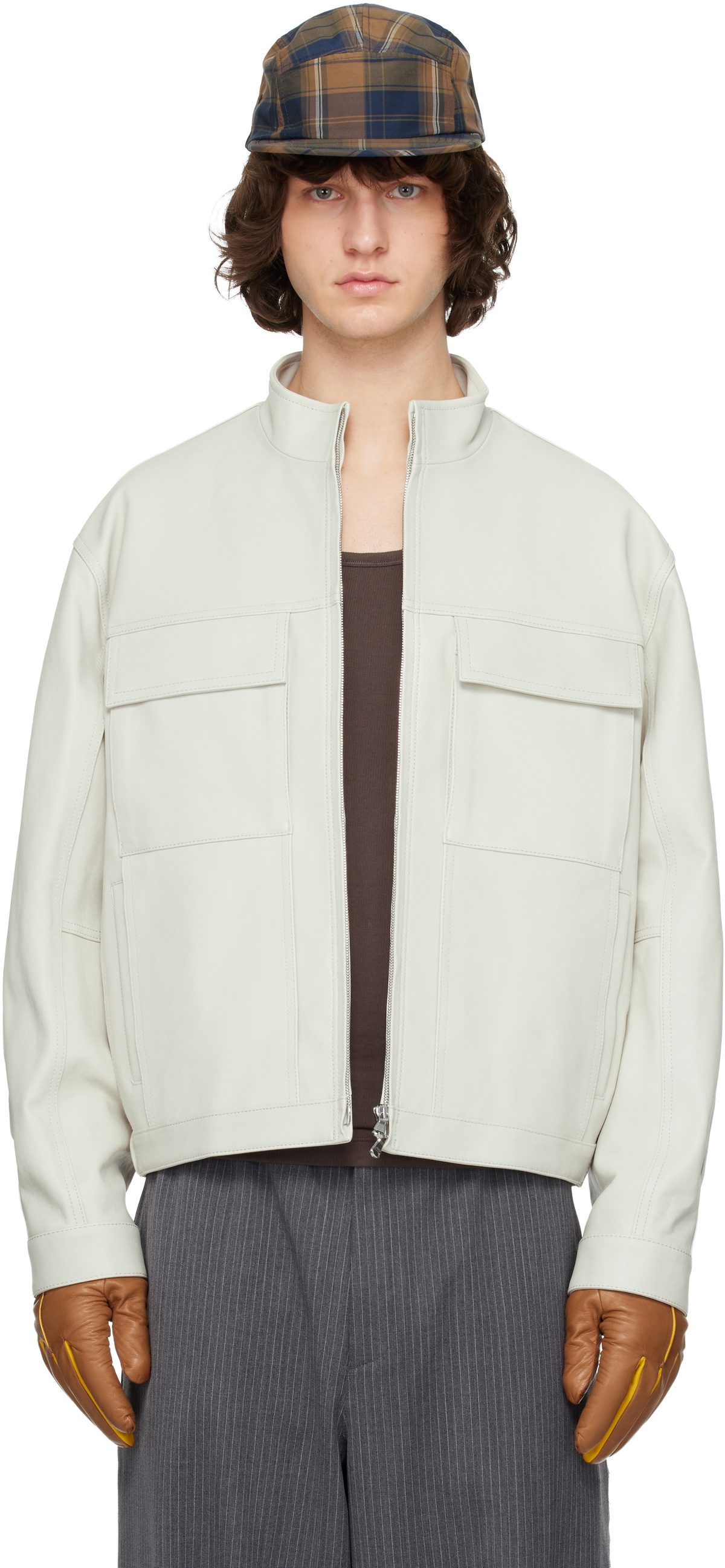 Solid Homme Off-White High-Neck Two-Pocket Leather Jacket
