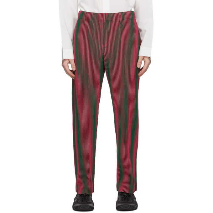 Homme Plisse Issey Miyake Pink and Green Hologram Stripe Trousers