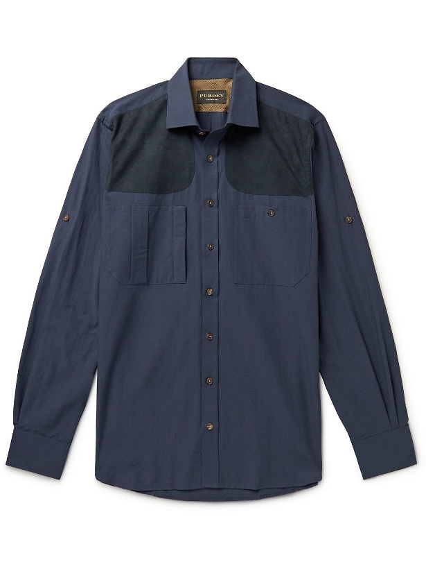 Photo: Purdey - Panelled Cotton-Poplin and Faux Suede Shirt - Blue