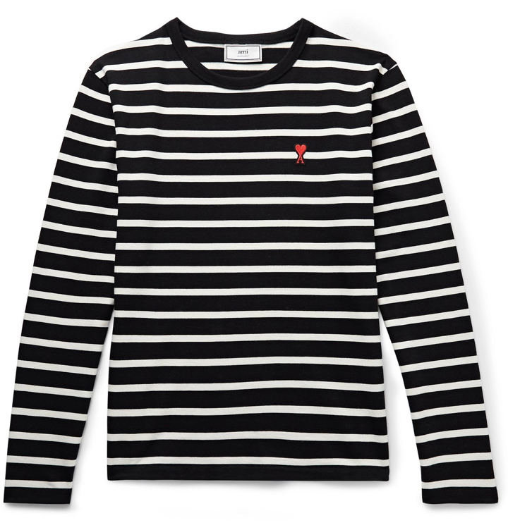 Photo: AMI - Logo-Appliquéd Striped Cotton-Jersey T-Shirt - Black