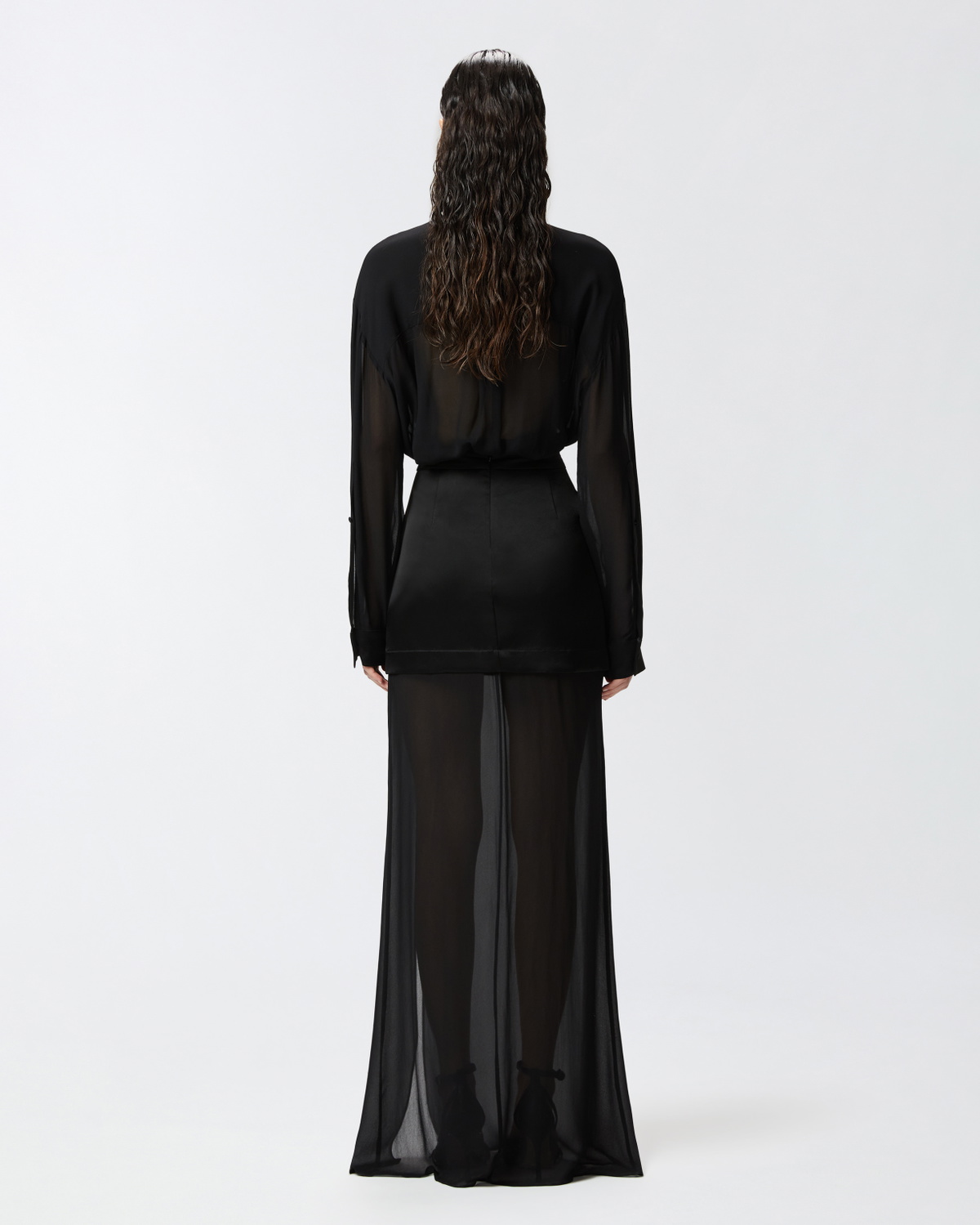 Pinko Elegant Long Skirt In Sheer Georgette And Satin Limo Black