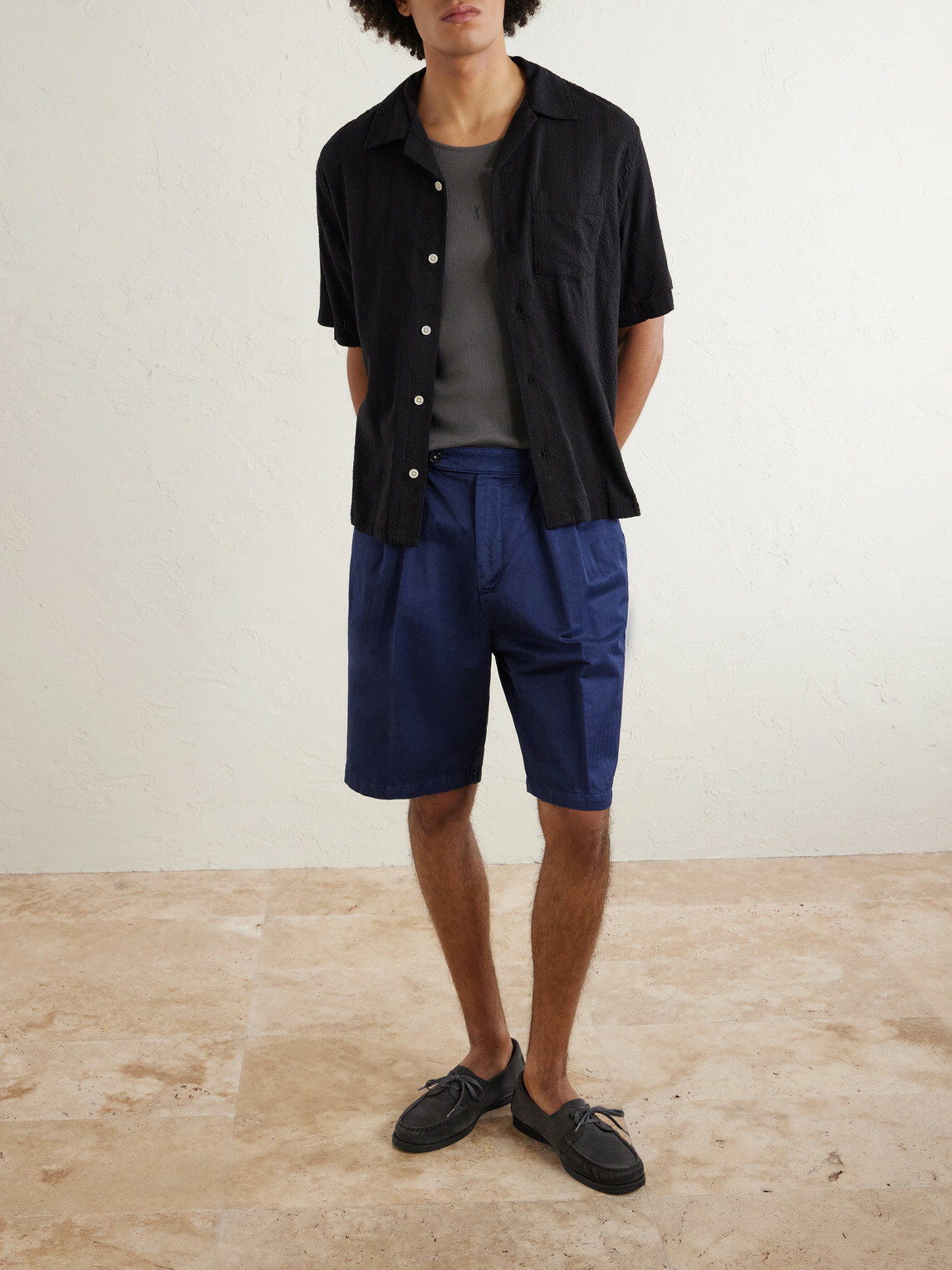 Massimo Alba - Cliff Straight-Leg Pleated Herringbone Cotton Bermuda Shorts - Blue