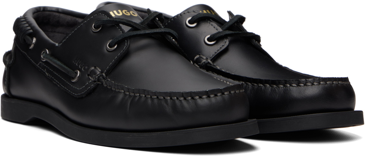 Hugo Black Leather Lacing Detail Boat Shoes