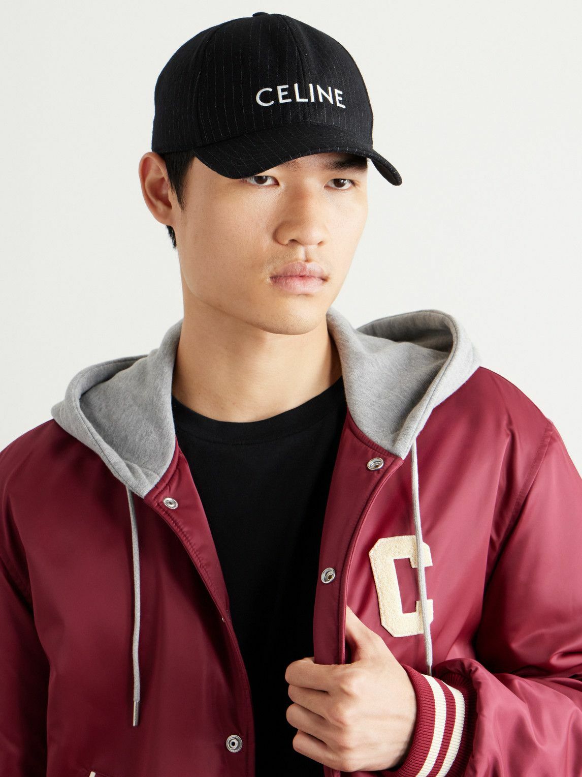 CELINE - Logo-Embroidered Pinstriped Wool Hat - Black