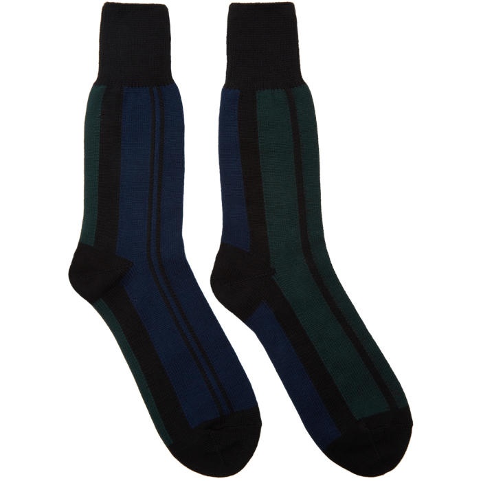 Sacai Navy and Green Striped Socks