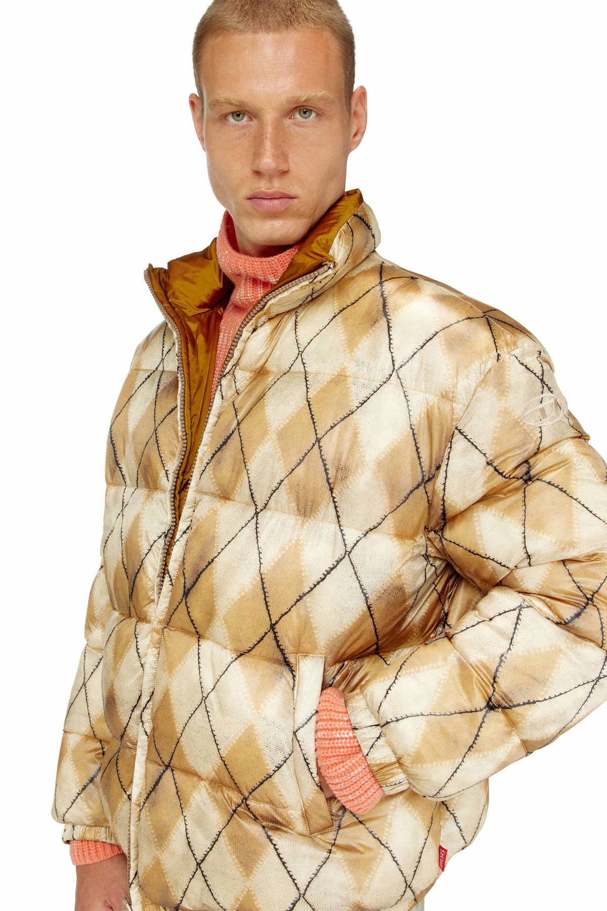 Diesel Reversible puffer jacket with argyle print - Winter Jackets Mens in Beige