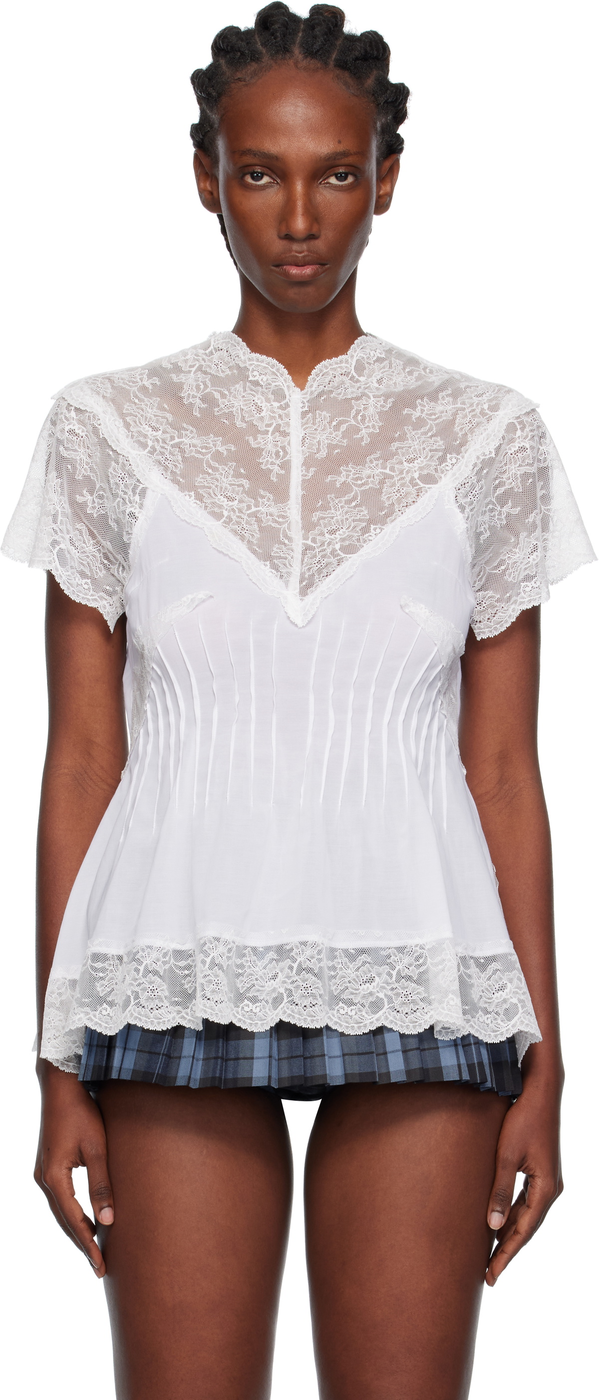 Pushbutton White Lace Trim Darted Top