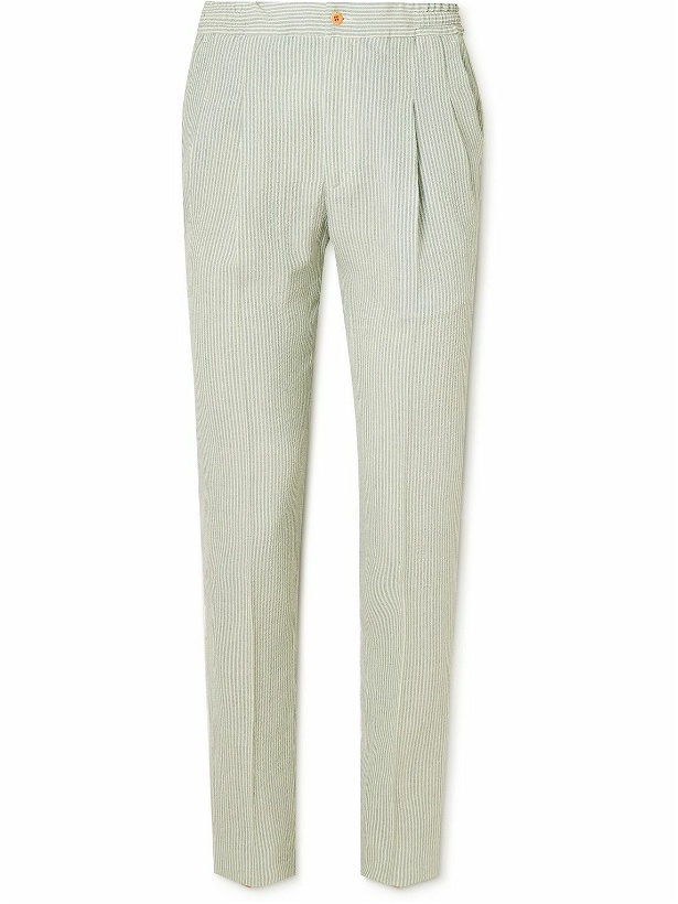 Photo: Rubinacci - Straight-Leg Pleated Striped Cotton-Seersucker Trousers - Green