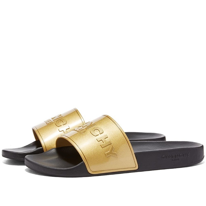 Photo: Givenchy Men's Tonal Logo Slide Sandal in Black/Gold