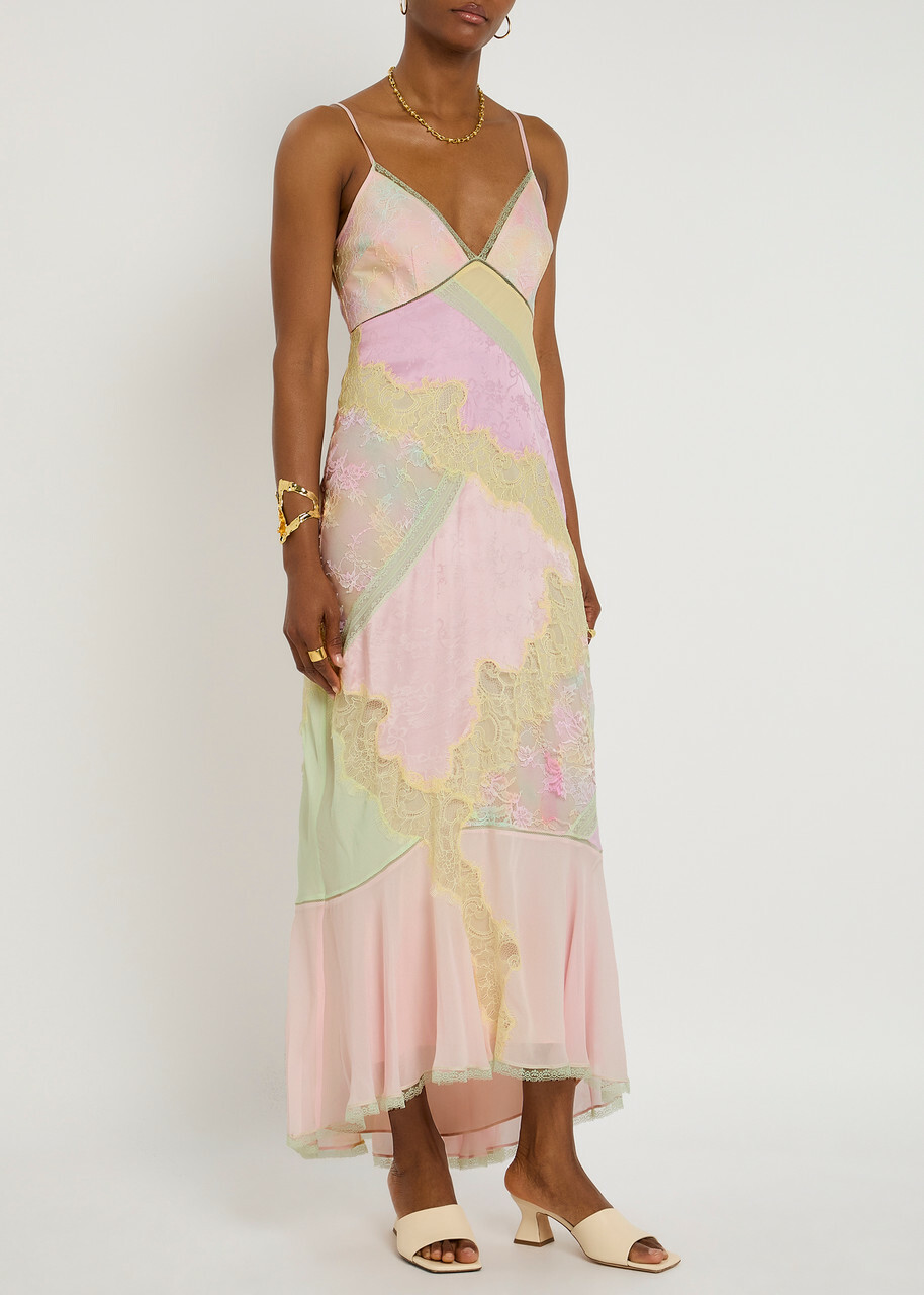 high neck lace patchwork slit tulle hem maxi dresses-black SHEARL main image 0