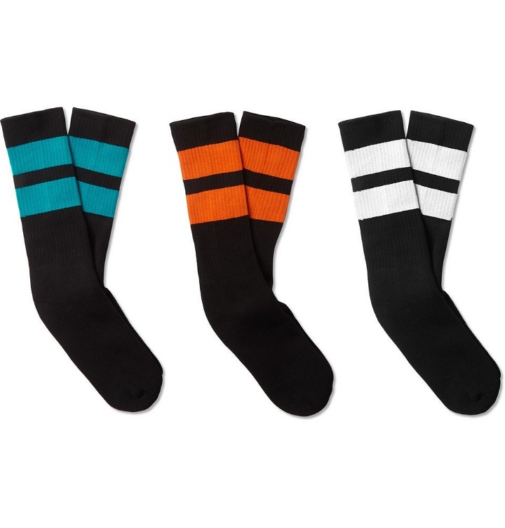 Photo: Neighborhood - Three-Pack Ribbed Striped Cotton-Blend Socks - Black