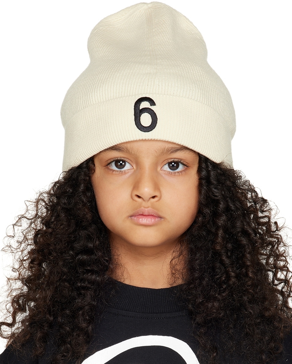 MM6 Maison Margiela Kids Off-White '6' Beanie MM6 Maison Margiela