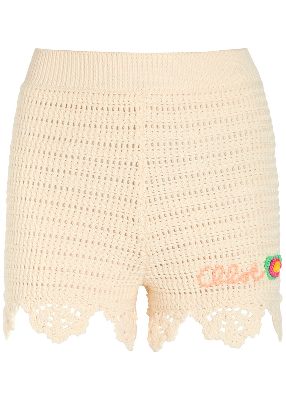 Chloe Logo-intarsia Crochet Cotton Shorts White