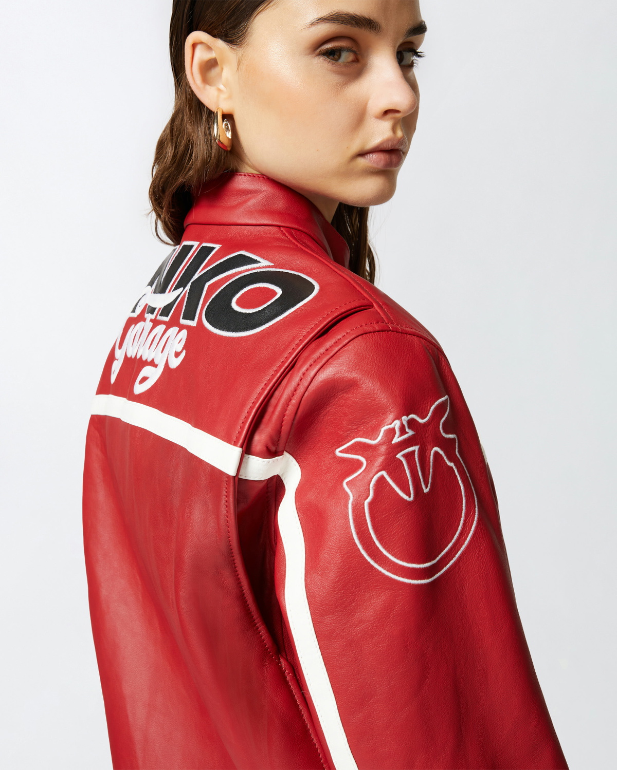 【新品未使用】PINKO レザージャケット レッド レディース　タグ付き 38 Pinko Racing Style Leather Biker Jacket Salsa Red Pinko
