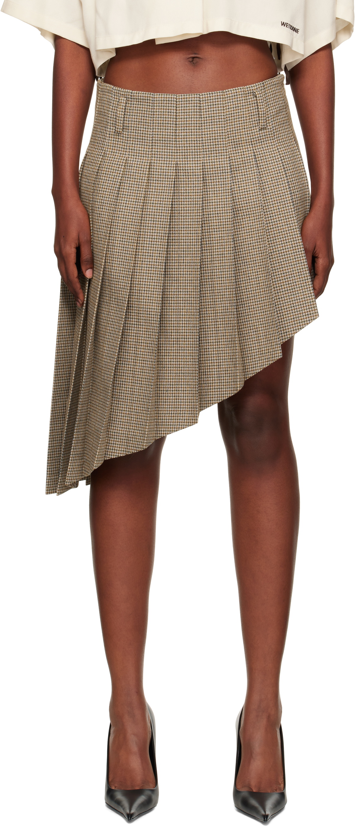 We11done Beige Asymmetric Checked Midi Skirt