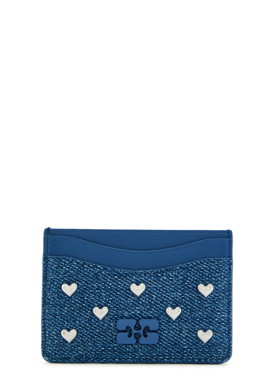 Ganni Embellished Leather and Denim Card Holder - One Size