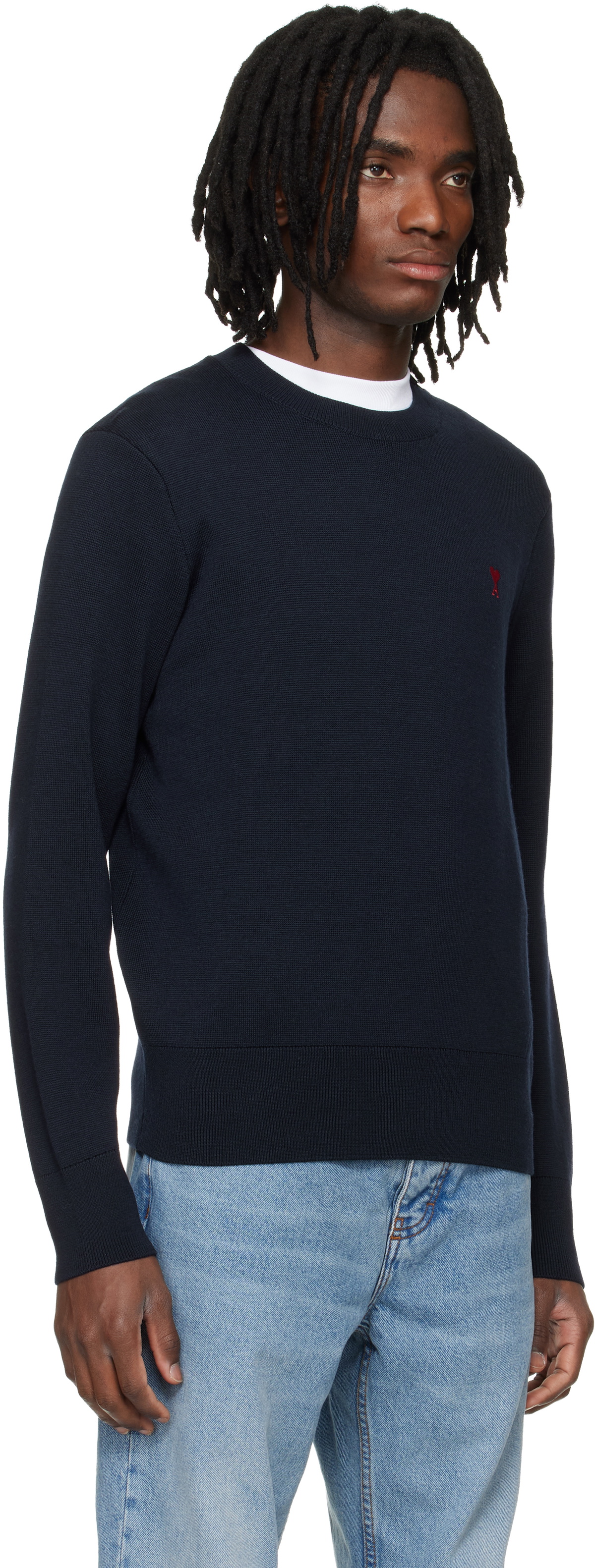 AMI Paris Navy Wool Contrasted Ami de Coeur Crewneck Sweater