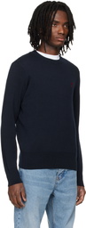 AMI Paris Navy Wool Contrasted Ami de Coeur Crewneck Sweater