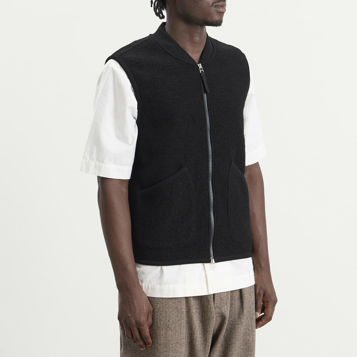 Universal Works Men's Wool Fleece Zip Waistcoat in Black