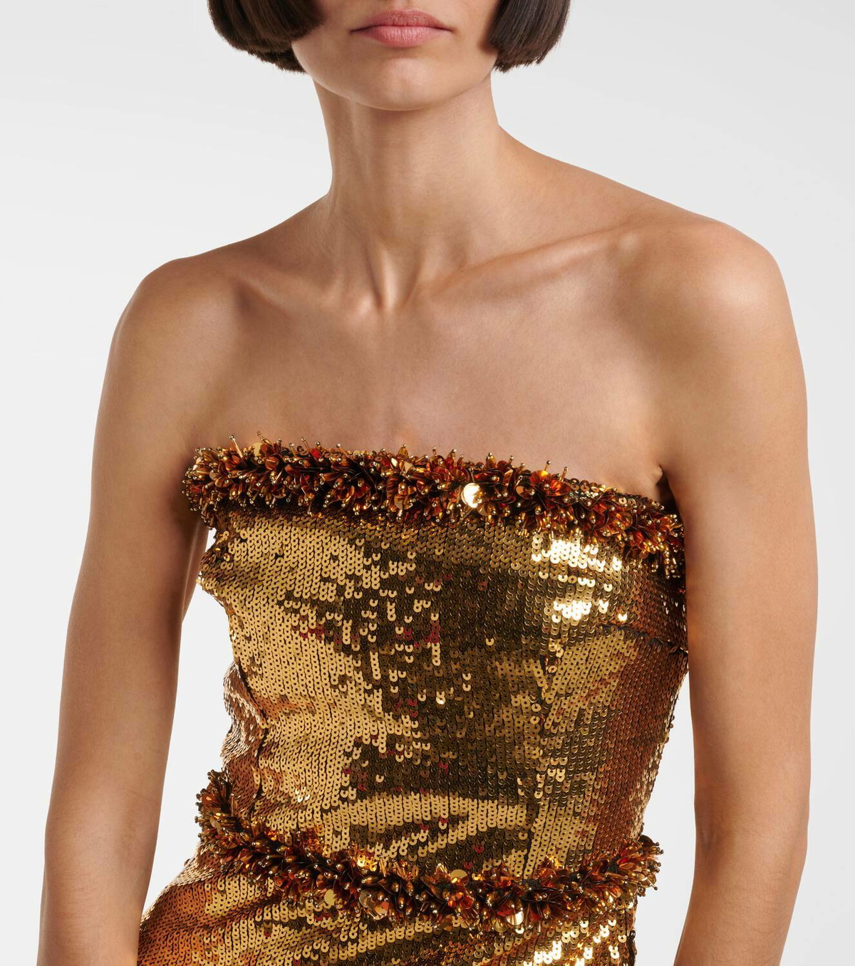 ◆関税込◆【REBECCA VALLANCEC】Gloria sequined gown Gloria sequined floral-appliqué gown in gold - Rebecca