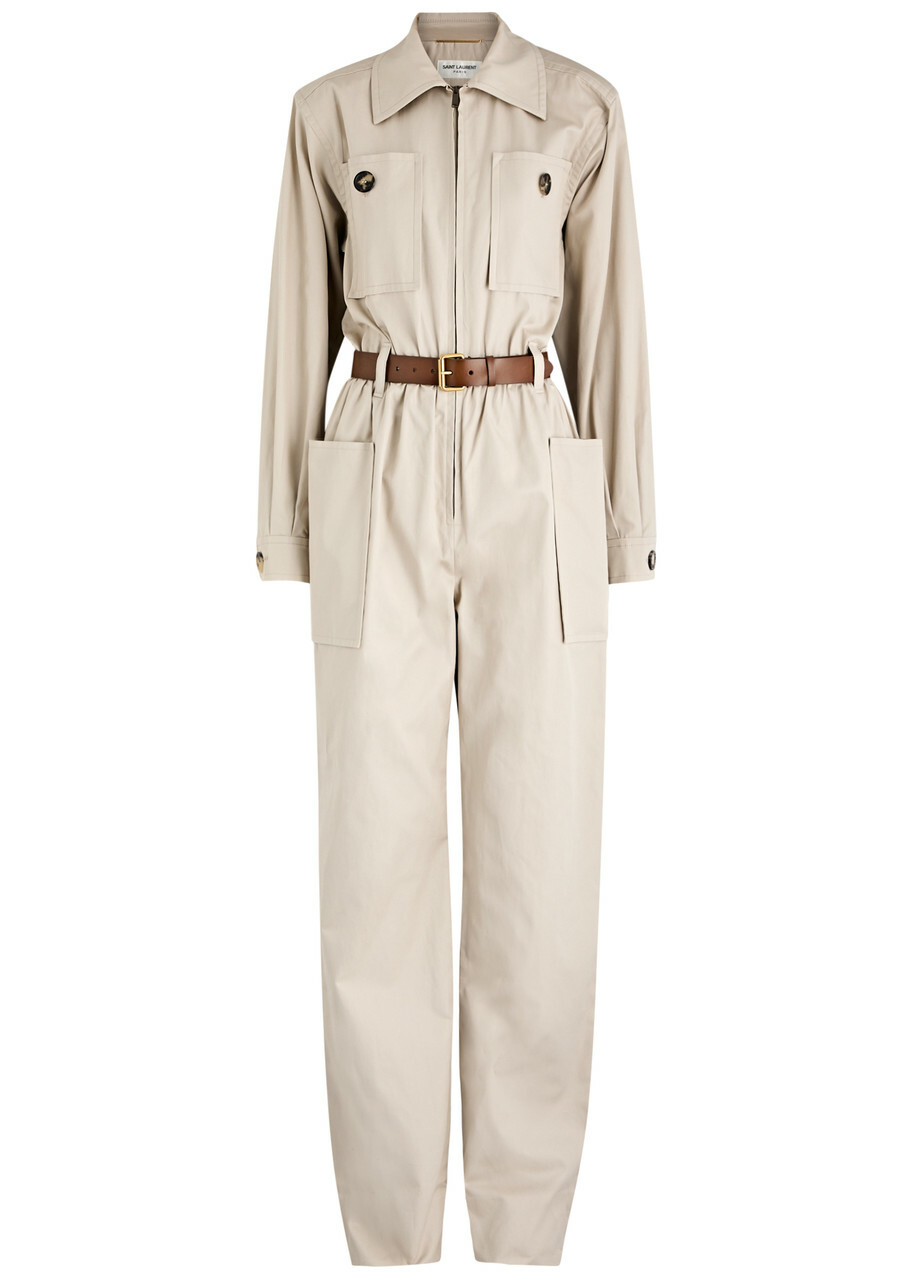 Saint Laurent Belted Cotton Jumpsuit Beige