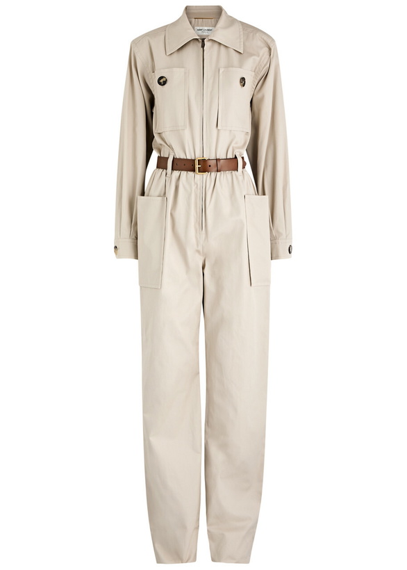 Photo: Saint Laurent Belted Cotton Jumpsuit Beige