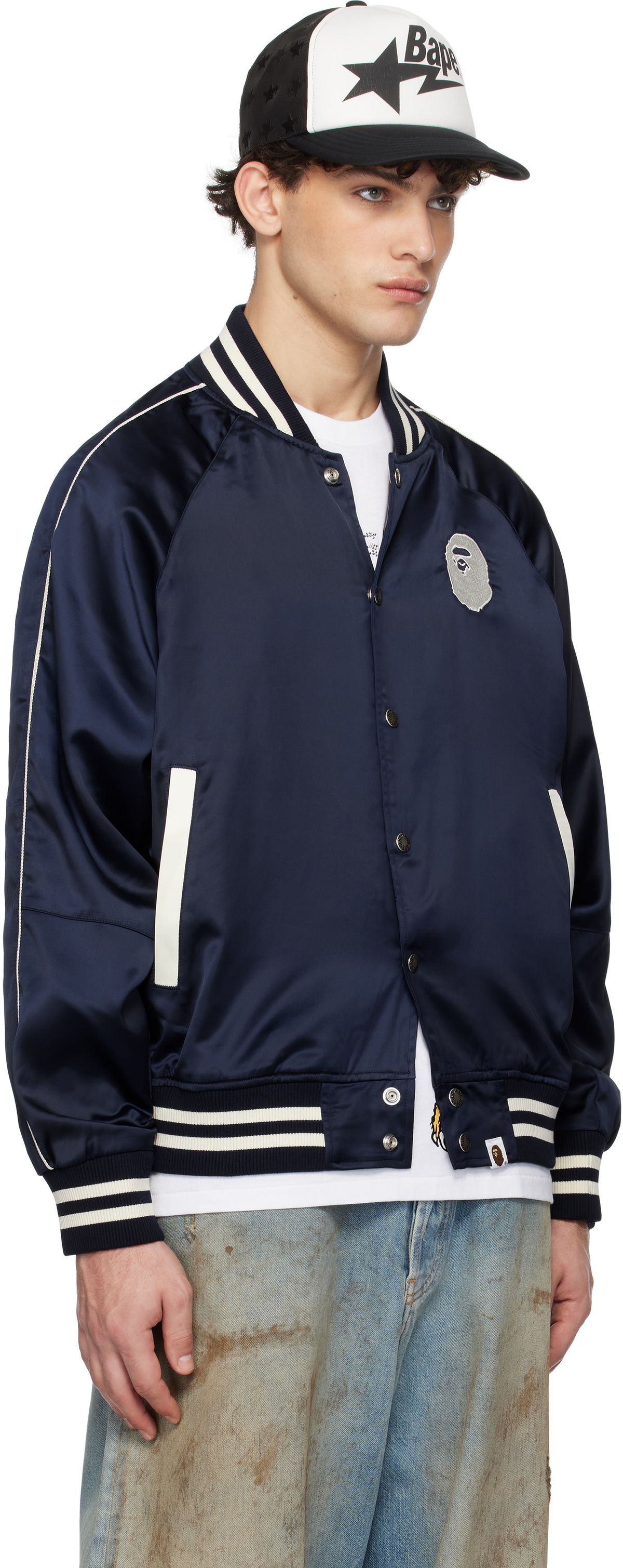 BAPE Navy 'A Bathing Ape' Nylon Varsity Bomber Jacket A BAPE Navy 'A Bathing Ape' Nylon Varsity Bomber Jacket A