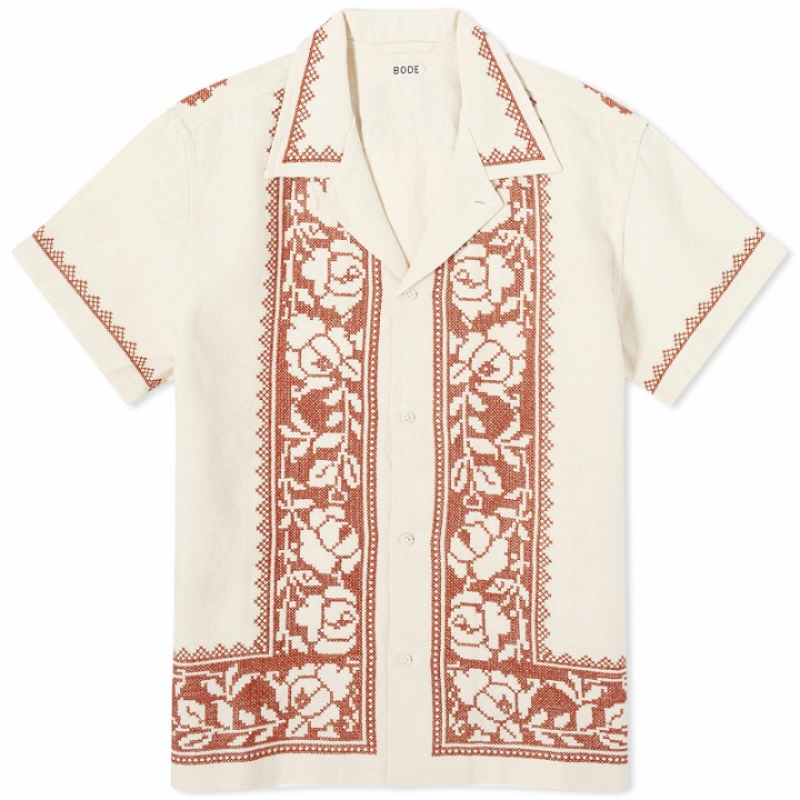 Photo: Bode Men's Cross Stitch Vacation Shirt in Brown/White