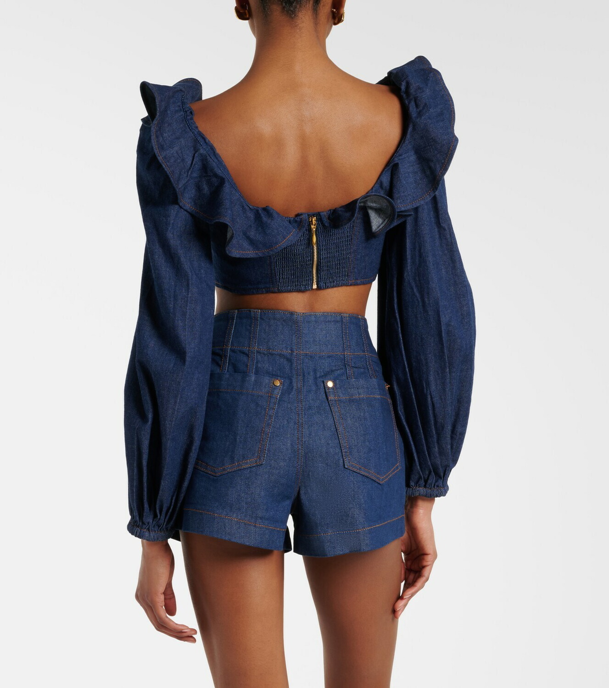 Zimmermann Aster ruffled denim crop top