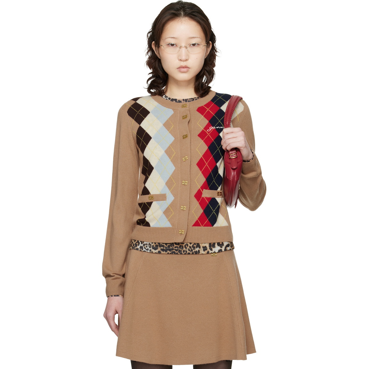 GANNI Beige Argyle Print Cardigan
