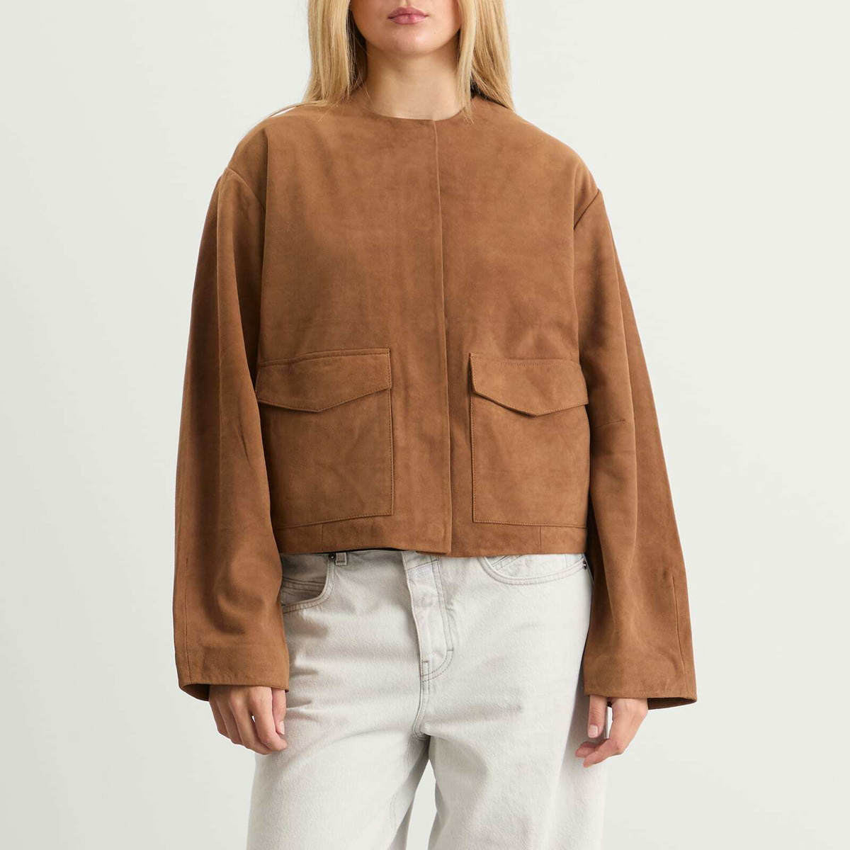 ST. Agni Women's Suede Utility Cocoon Bomber Jacket in Toffee