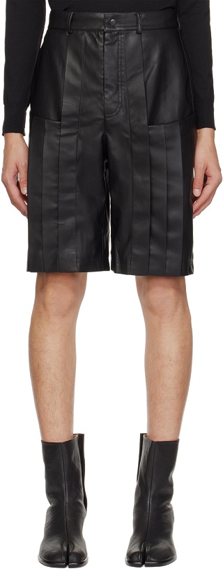 Photo: Situationist Black Pleated Faux-Leather Shorts
