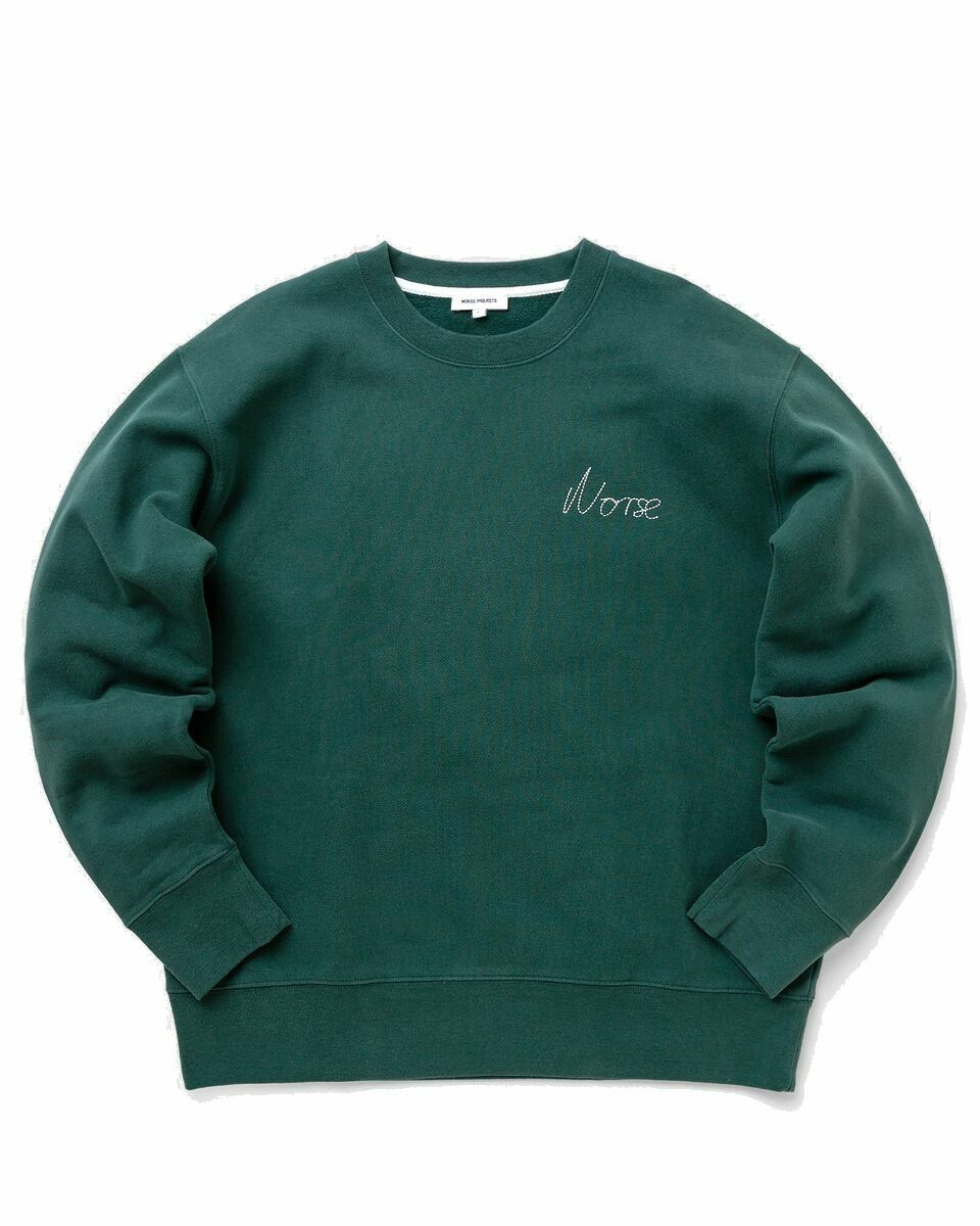 Photo: Norse Projects Arne Chain Stitch Logo Sweater Green - Mens - Sweatshirts