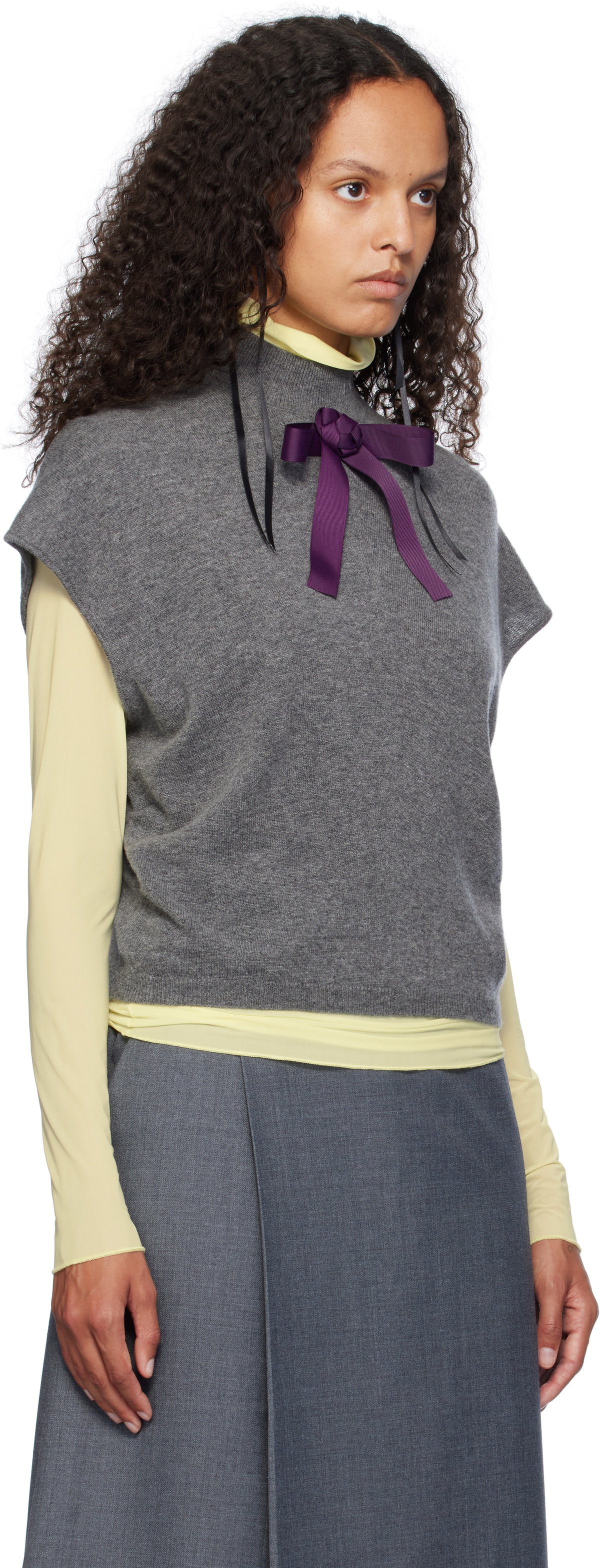 AO Yes Gray Ribbon Tie Cropped Knit Vest