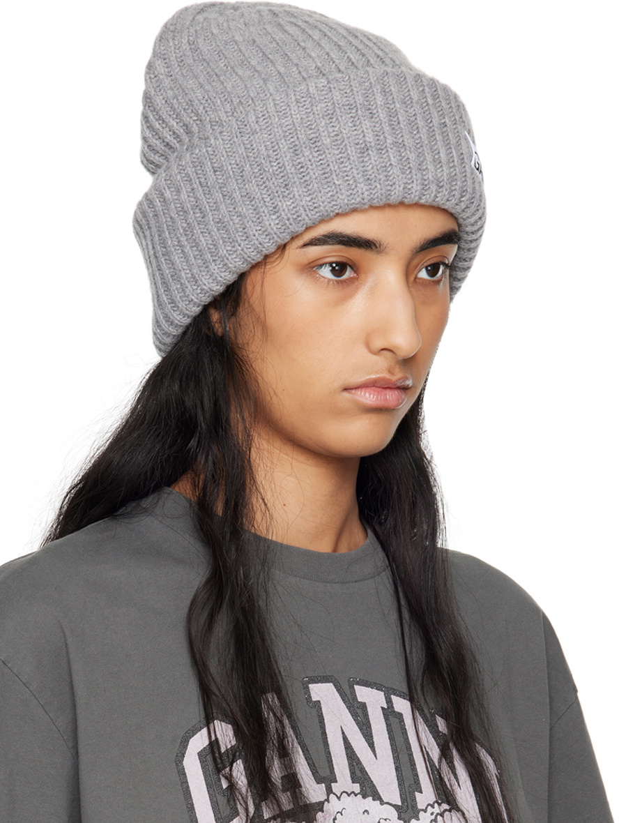 ganni❤︎beanie GANNI Gray Oversized Wool Rib Knit Beanie GANNI