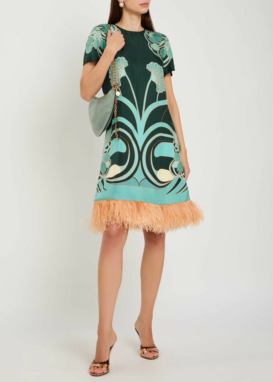 LA Double J Swing Feather-embellished Silk Midi Dress Blue
