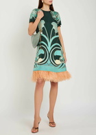 LA Double J Swing Feather-embellished Silk Midi Dress Blue