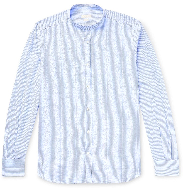 Photo: Incotex - Slim-Fit Grandad-Collar Striped Cotton-Seersucker Shirt - Blue