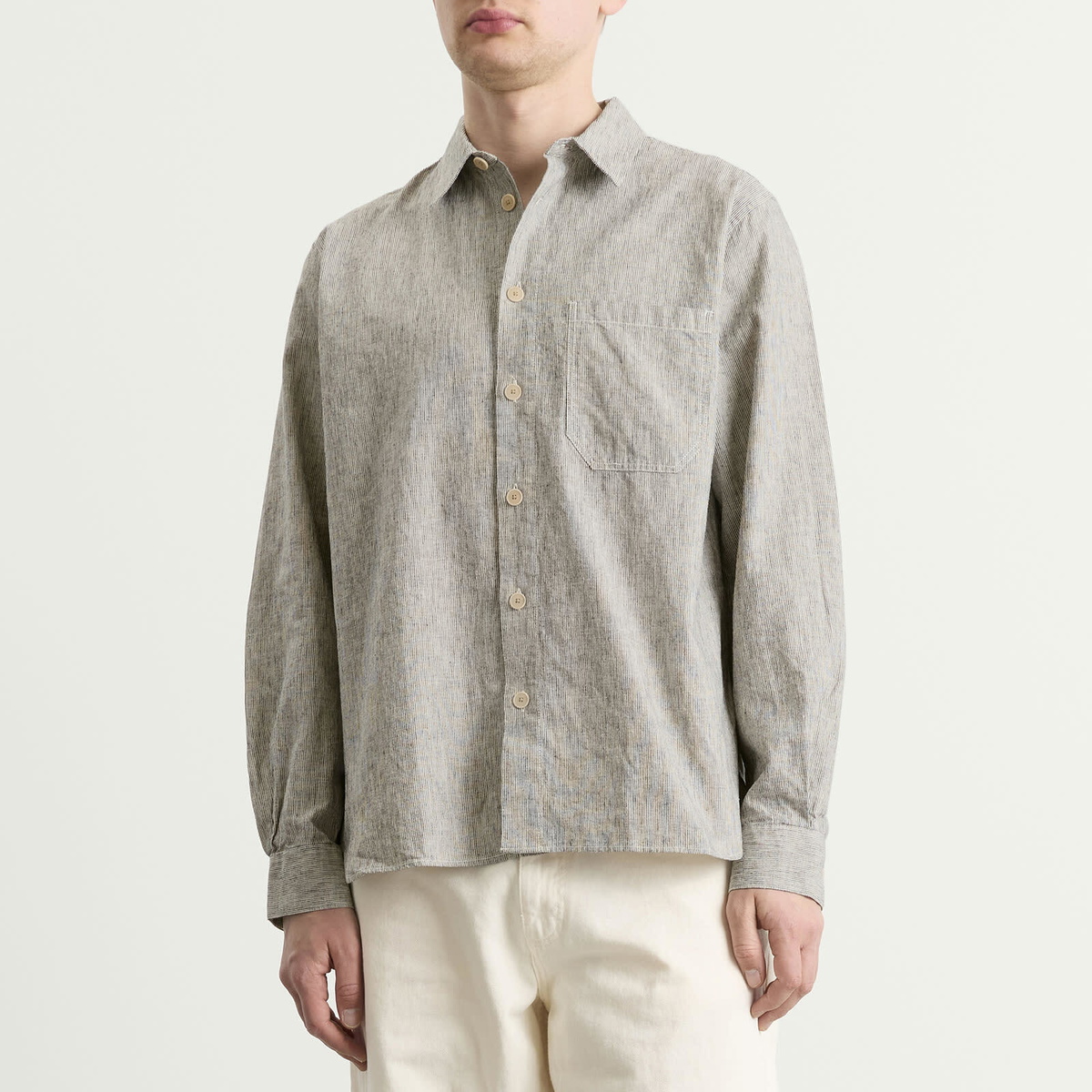 Folk Men's Easy Fit Shirt in Black Linen Stripe