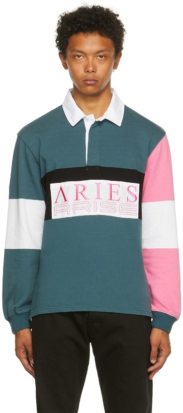 Photo: Aries Blue & Pink Colorblocked Rugby Long Sleeve Polo