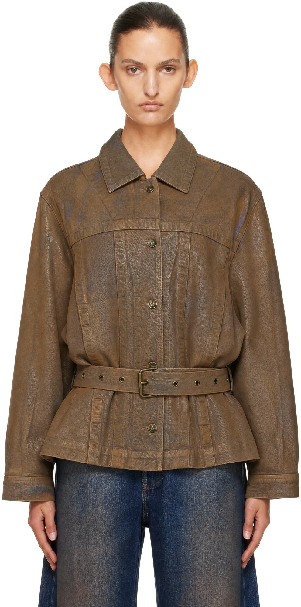 KNWLS Brown Oversized Gloss Coated Denim Jacket
