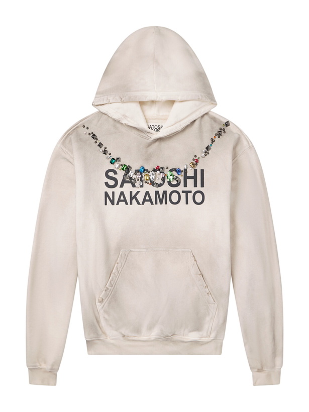 Photo: Satoshi Nakamoto - Necklace Logo-Print Embellished Distressed Cotton-Jersey Hoodie - White