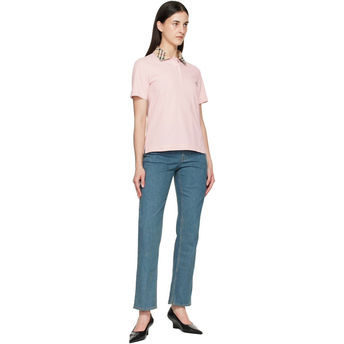 Burberry Pink Check Collar Polo