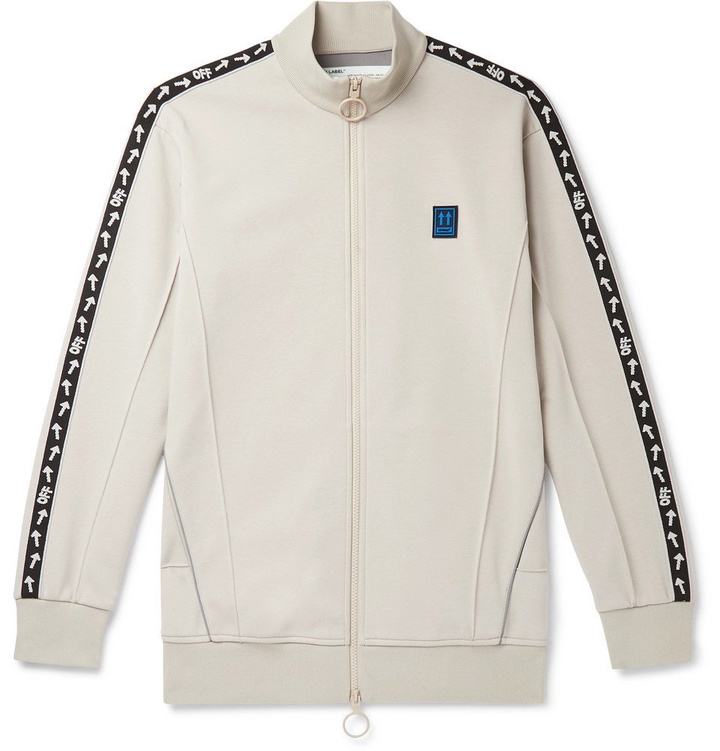 Photo: Off-White - Incompiuto Printed Cotton-Blend Jersey Zip-Up Sweatshirt - Beige