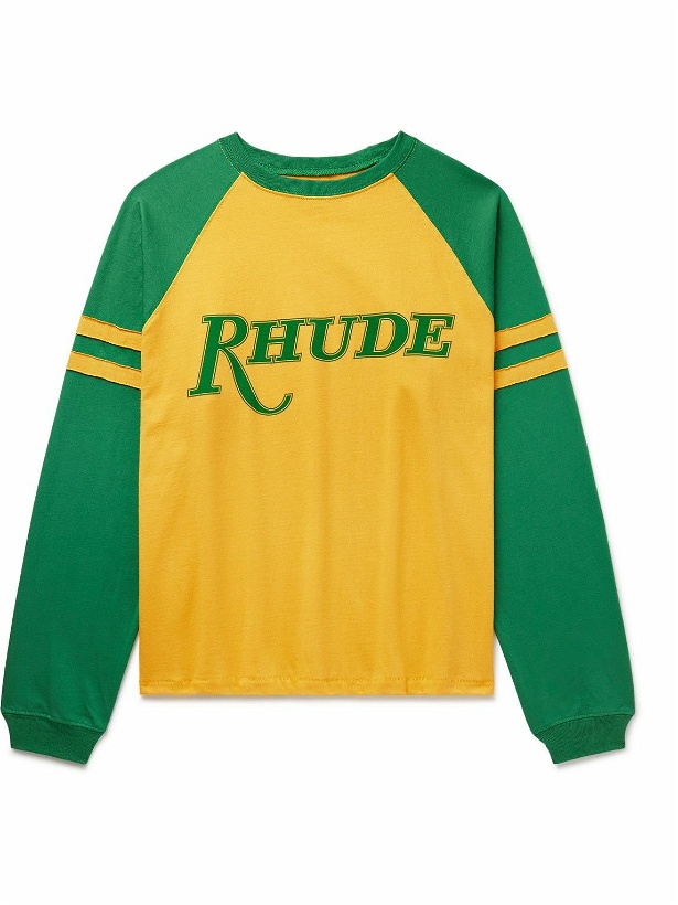 Photo: Rhude - São Paulo Striped Logo-Print Cotton-Jersey T-Shirt - Yellow