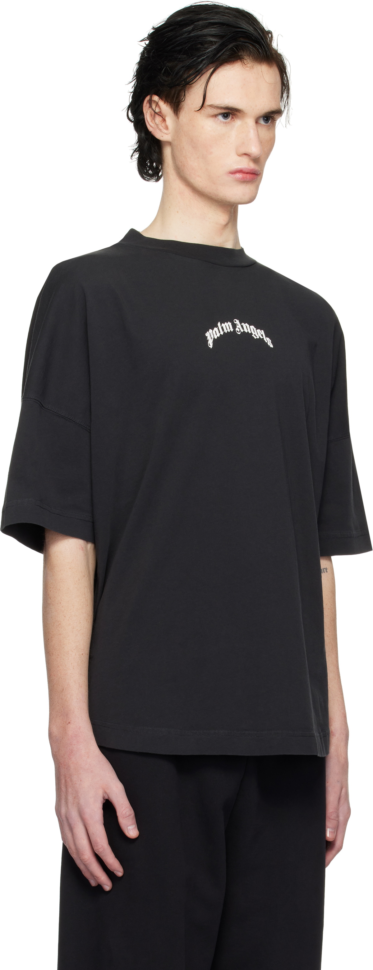 【Palm Angels】Curved Logo Over Tee BACK CURVED LOGO OVER TEE BLACK - OFF WH in BLACK - OFF